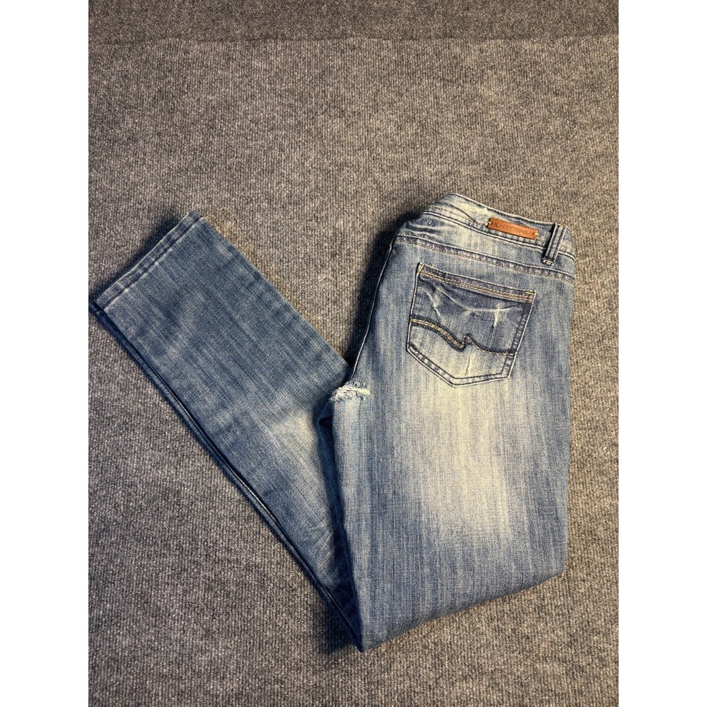 Almost‎ Famous Straight Jeans Womens 11 Blue Denim Stretch Wide Faded Distressed